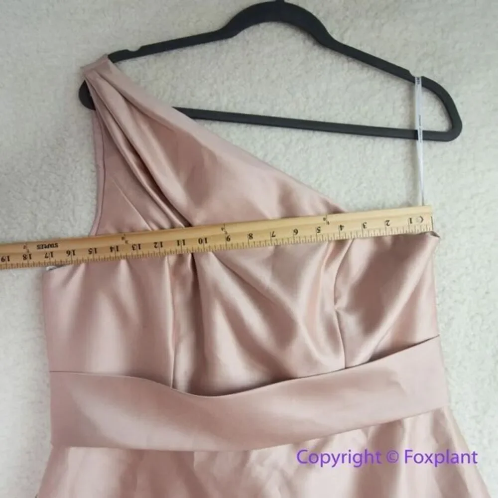 New! Alfred Sung Draped One-Shoulder Satin Maxi Dress in Toasted Sugar, size 14R - Picture 7 of 15